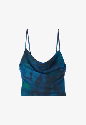 Niebiesko-zielona abstrakcyjna wzorzysta kobieca crop top bez rękawów z cienkimi ramiączkami i opadającą linią dekoltu.