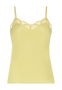 Gul linne med tunna axelband, en scalloped spetskant vid halslinningen och ett mjukt, lätt tyg för komfort.