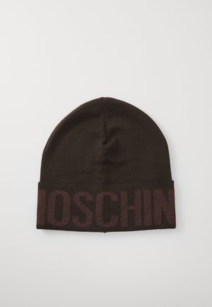 Brown knit beanie with a ribbed cuff displaying a shiny, dark burgundy logo. Smooth texture with a rounded top and no additional embellishments.