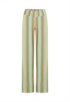 Pantalon à jambes larges en tissu doux, avec des rayures verticales vertes, bleu clair et orange doux. Taille élastique avec détail texturé.