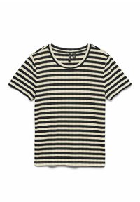 Stribet kortærmet t-shirt med skiftende navyblå og creme horisontale striber, i en blød, let tekstur og med en rund halsudskæring.