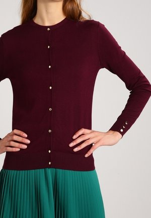 Nainen pukeutuneena istuvaan pitkähihaiseen burgundinpunaiseen napitettuun neuletakkiin, yhdistettynä korkeavyötäröiseen sinivihreään laskostettuun hameeseen, kädet lanteilla.