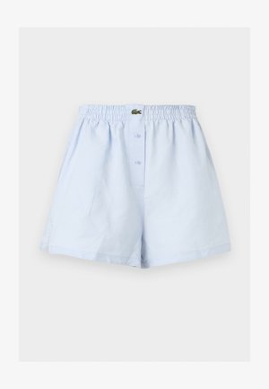 Boxer homme bleu clair avec ceinture élastique, fermeture avant à boutons et petit logo crocodile vert au centre.