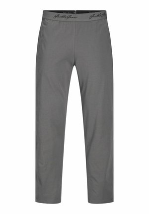 Šedé kalhoty vyrobené z měkké a lehké látky. Mají elastický pas s diskrétním logem, rovný střih nohavic a žádné viditelné zapínání.