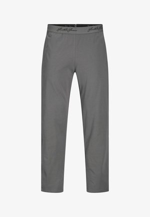 Šedé kalhoty vyrobené z měkké a lehké látky. Mají elastický pas s diskrétním logem, rovný střih nohavic a žádné viditelné zapínání.