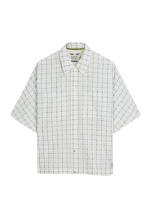Camicia bianca a maniche corte con bottoni, motivo a griglia nera e colletto appuntito.