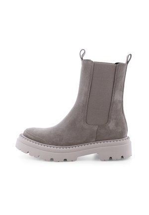 Graue Wildleder-Stiefelette mit elastischen Seitenpanels, runder Zehenpartie und Gummisohle mit gezacktem Rand. Zuglaschen am Schaft erleichtern das Anziehen.