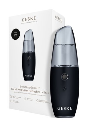 Geske 4-in-1 gezichtsverfrisser met hydratatie, verzorgende mist en vermindering van roodheid, getoond met zwart apparaat en witte productdoos.