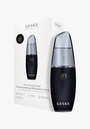 Rafraîchisseur d'hydratation faciale 4-en-1 Geske avec brume hydratante et réduction des rougeurs, présenté avec un appareil noir et une boîte produit blanche.
