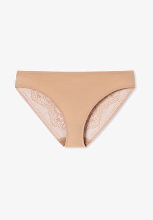 Slip bikini beige con parte anteriore liscia e dettagli in pizzo floreale ai lati, dotato di un particolare in rete semitrasparente e design senza cuciture.