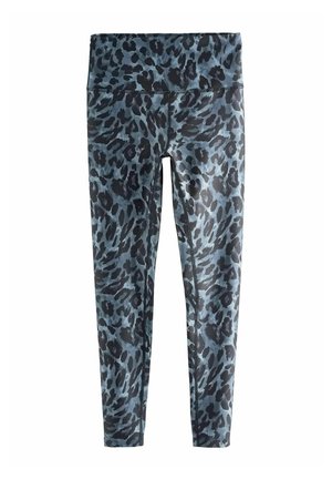 Leggings cu talie înaltă, în imprimeu leopardească albastru și negru, confecționate din material elastic, cu cusături plate și o textură netedă.