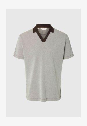 Kurzärmeliges graues Poloshirt mit strukturiertem Muster und kontrastierendem dunklem Kragen sowie V-Ausschnitt, abgebildet auf schlichtem Hintergrund.