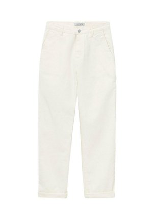 Jeans de algodón blancos con un diseño de pierna recta, bolsillos delanteros y puños doblados. La tela tiene una textura suave con detalles de costura mínimos.