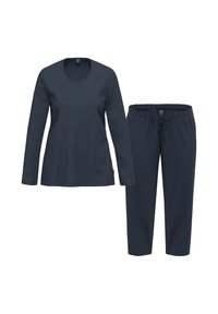 Completo da casa di colore blu navy composto da una maglietta a maniche lunghe con scollatura rotonda e pantaloni dal fitting rilassato con elastico in vita e cordoncino.