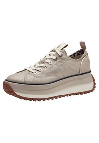 Sneaker con tomaia in tessuto beige, lacci rotondi, suola piattaforma con bordo seghettato e fodera interna in stampa leopardo.