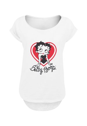 White T-shirt with a scoop neckline, featuring a graphic of Betty Boop in red heart outline and text reading "Betty Boop" in black.