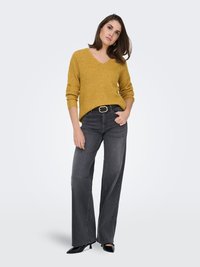 Senfgelber, gestrickter Pullover mit V-Ausschnitt, kombiniert mit hoch taillierten, dunkelgrauen Jeans mit weiter Beinweite und schwarzen spitzen Schuhen.