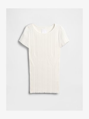 Top bianco testurizzato con maniche corte, caratterizzato da un motivo a coste verticali e una scollatura arrotondata. Design semplice, tessuto morbido.