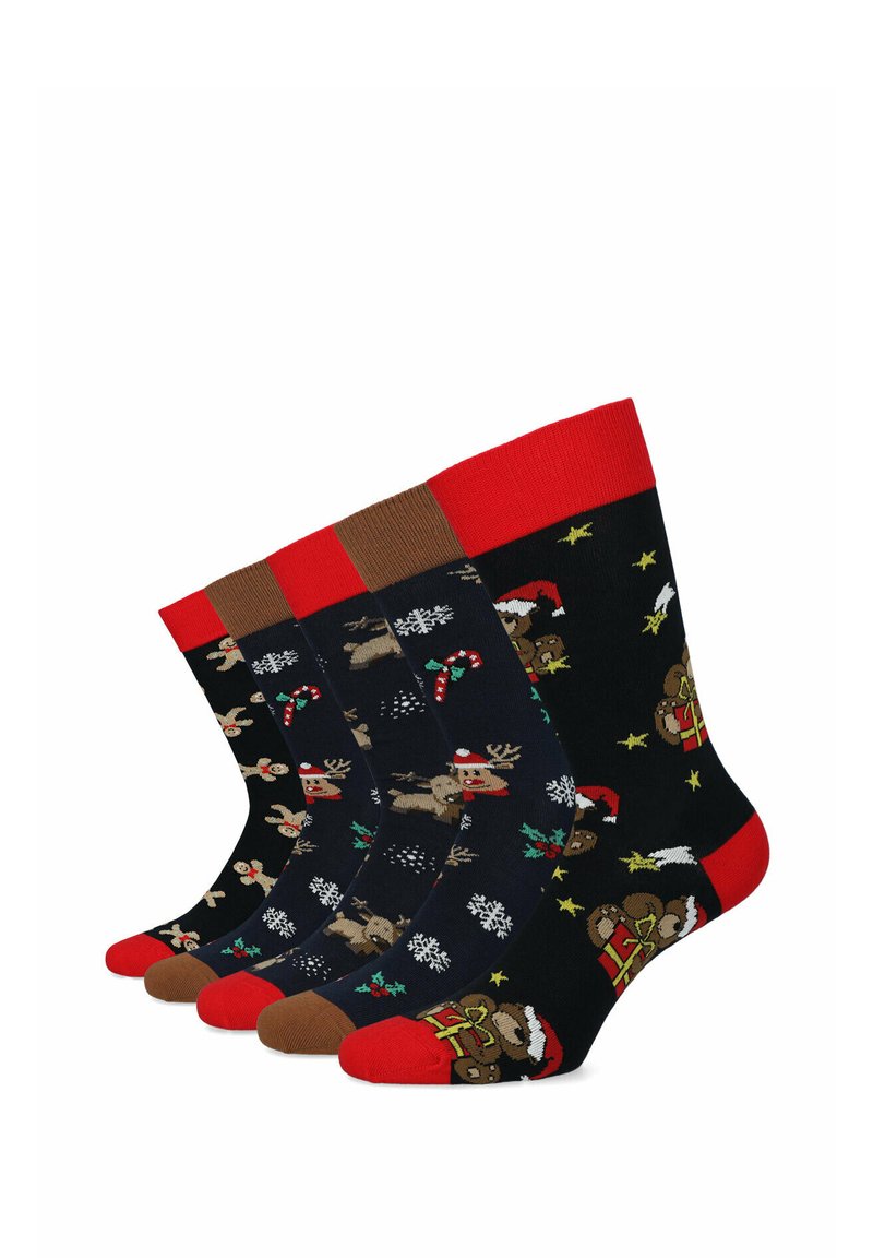 Zestaw skarpetek z festiwalowymi wzorami, przeważnie czarnych z czerwonymi akcentami, przedstawiających renifery, ludki piernikowe i płatki śniegu.