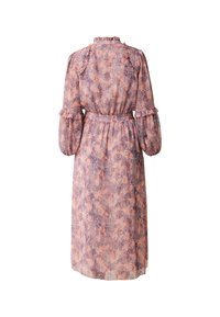 Robe midi à manches longues avec motif floral rose et violet, col et poignets à volants, taille ceinturée, vue de dos.