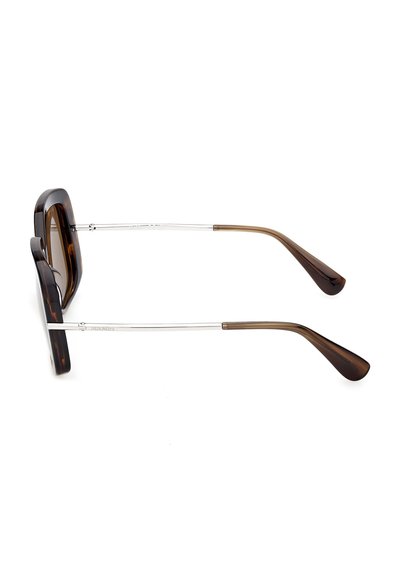 Tortoiseshell square-frame sunglasses with thin silver metal arms and brown curved plastic temple tips on a white background.