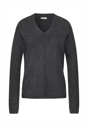 Pull à col en V gris foncé avec texture côtelée et manches longues. Présente un motif en losanges à l'avant. Fabriqué en matériau léger et doux.