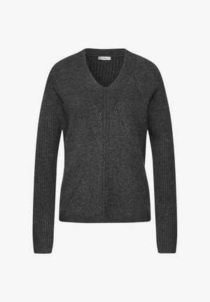 Pull à col en V gris foncé avec texture côtelée et manches longues. Présente un motif en losanges à l'avant. Fabriqué en matériau léger et doux.