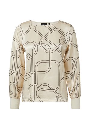 Beige Langarmshirt aus glattem Stoff mit einem braunen abstrakten Linienmuster, mit einem Bootsausschnitt und gerafften Bündchen.