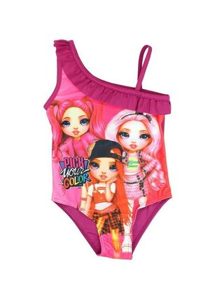 Maillot de bain rose à une épaule avec des graphismes de poupées colorées, des volants et le texte vibrant "CHOISISSEZ VOTRE COULEUR" sur le devant.