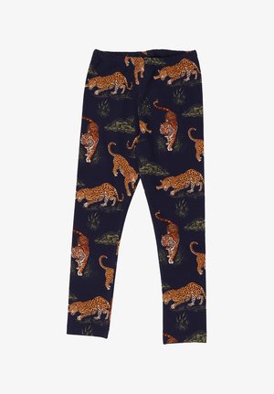Marineblaue Leggings mit orangefarbenen Tiger- und Leopardenmustern, mit Gras- und Felsdetails, elastischem Bund und schlankem Schnitt.