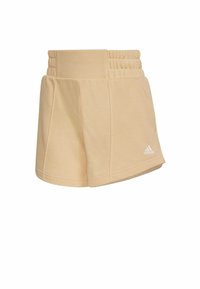 Beige shorts i mjukt tyg med resårmidja. Har en avslappnad passform, sidofickor och en liten vit logga nederst.