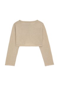 Beige Cropped-Pullover mit langen Ärmeln, strukturiertem Strickstoff, weitem Rundhalsausschnitt und gewellten Kanten entlang dem Saum und den Ärmeln.