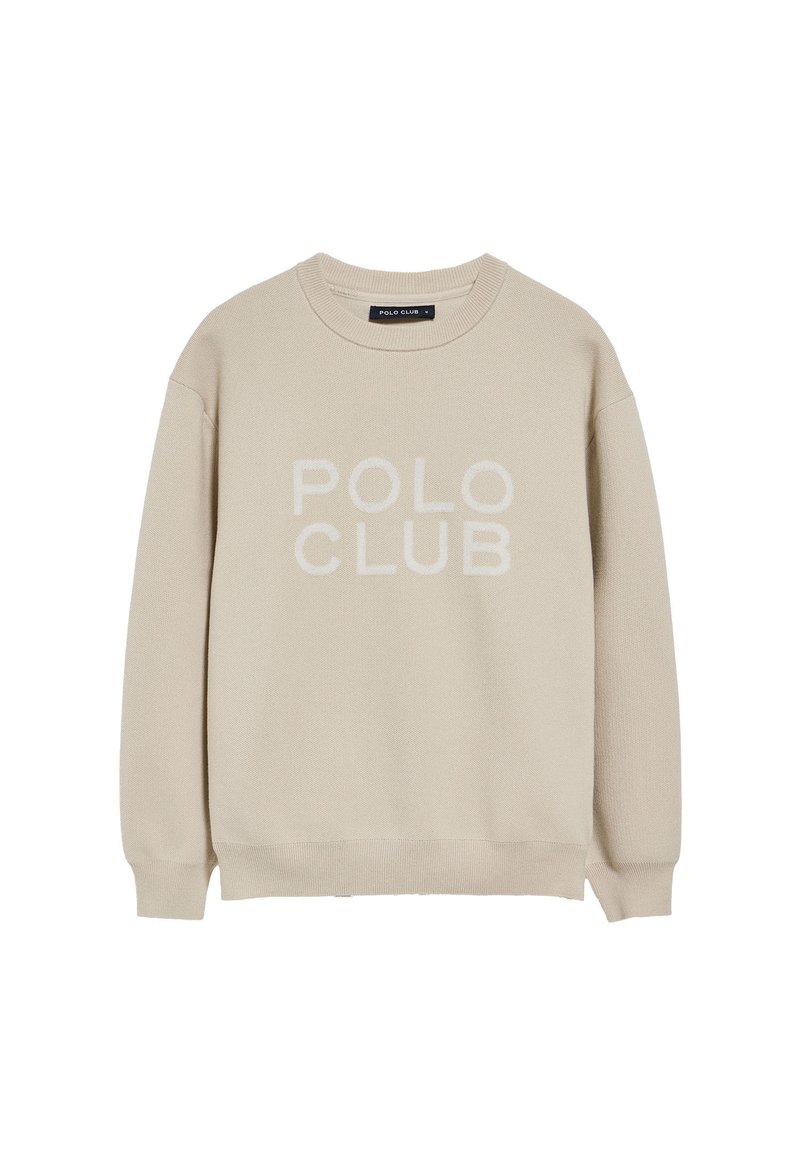 Beige tröja med texturerad stickning, med rundad halsringning och ribbade ärmslut. 'POLO CLUB' är präglat framträdande på framsidan.