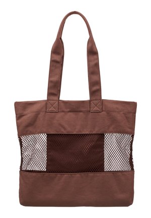 Braune Tragetasche mit zwei Griffen und Netzpaneelen an Vorder- und Seitenflächen zur Belüftung oder Sichtbarkeit des Inhalts.