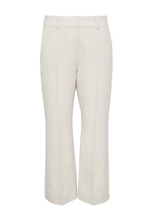 Beige maßgeschneiderte Hose mit geradem Schnitt, aus einem glatten Stoff, mit Fronttaschen und einem dezenten Faltenwurf entlang der Beine.