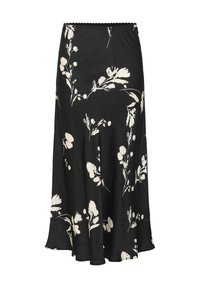 Jupe noire avec un motif floral blanc, fabriquée en tissu léger. Elle présente une forme évasée et une taille élastique avec une bordure en feston.