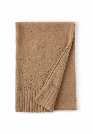 Beige gebreide sjaal met een gestructureerd patroon van kleine openingen en geribbelde accenten. Zacht materiaal en rechthoekige vorm.