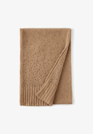 Beżowy dzianinowy szalik z teksturowanym wzorem małych oczek i podkreślonymi żebrowaniami. Miękki materiał o prostokątnym kształcie.