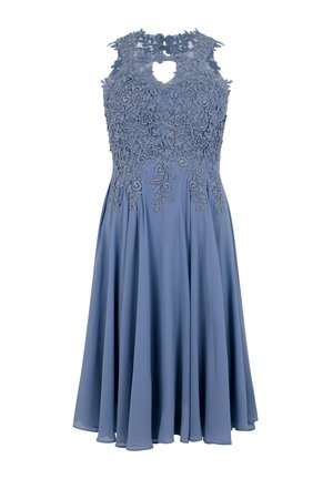 Sleeveless knee-length dusty blue dress with floral lace bodice, keyhole neckline, and flowing chiffon skirt.