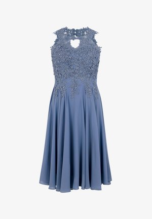 Sleeveless knee-length dusty blue dress with floral lace bodice, keyhole neckline, and flowing chiffon skirt.