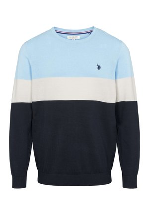 Sweter z długim rękawem w poziome paski w kolorach jasnoniebieskim, białym i granatowym, z małym haftowanym granatowym logo polo na piersi.