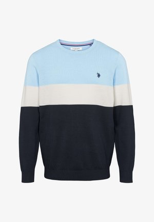 Sweter z długim rękawem w poziome paski w kolorach jasnoniebieskim, białym i granatowym, z małym haftowanym granatowym logo polo na piersi.