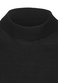 Zwarte gebreide trui met een hoge, geribbelde kraag en een gladde textuur. De stof lijkt zacht en elastisch met een minimalistisch ontwerp.