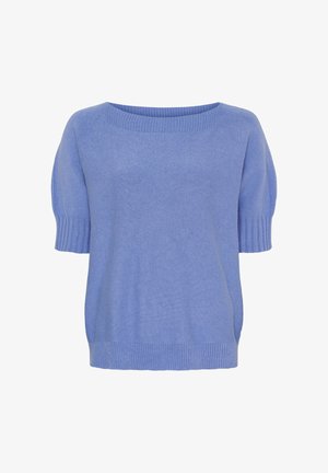 Lys blå kortærmet sweater med en bred halsudskæring, ribbede manchetter og kant. Fremstillet af blødt strikmateriale med en glat tekstur.