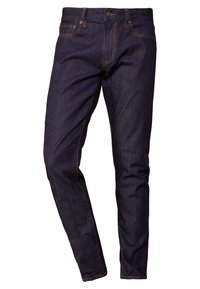 Pantalones vaqueros de mezclilla azul oscuro con un corte ajustado, costuras naranjas contrastantes visibles, cinco bolsillos y un cierre clásico con botón en la cintura.