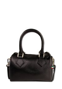 Zwarte leren handtas met een gestructureerde afwerking, ronde hengsels, gouden hardware en een afneembare schouderriem. Bevat ruitvormige accenten.