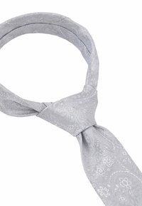 Graue Krawatte mit Paisleymuster, aus glattem Stoff gefertigt. Sie hat ein verdrehtes Design und einen sicheren Knoten in der Mitte.