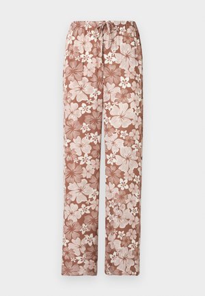 Καφέ παντελόνι με κορδόνι και μεγάλο λευκό και ανοιχτό καφέ ανθικό μοτίβο, ίσια κοπή, εμφανίζεται σε λευκό φόντο.