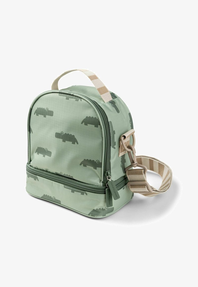 Green insulated backpack featuring a rounded shape, zip closure, striped handle, and crocodile patterns on the exterior.