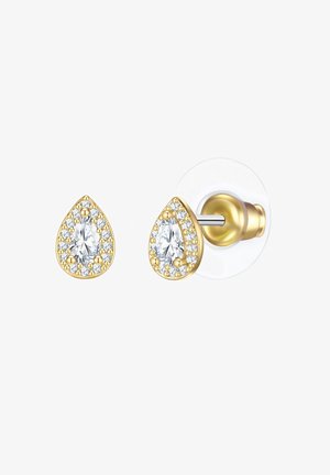 Auksiniai ašarėlės formos auskarai su skaidriais akmenimis, aplink kuriuos yra mažesni rhinestone akmenys; su sidabriniu segtuku ir skaidriu laikikliu.